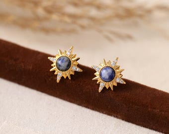Lapis Lazuli Sunburst Earrings - Dainty Gold Stud Earrings - Minimalist StackableEarrings - Everyday Earrings - Blue Stone Earrings for Wome