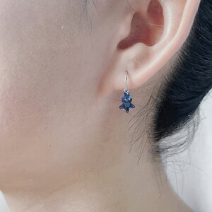 May include: A pair of silver star-shaped earrings with blue crystal accents. The earrings are dangling from the earlobe.