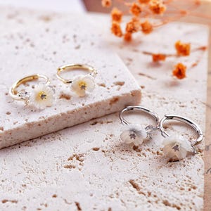 Mother of Pearl Flower Hoop Earrings | Dainty Carved Floral Earrings | Gold or Silver Plated Hoops | Elegant Gift for Her | Bridesmaid Jewel