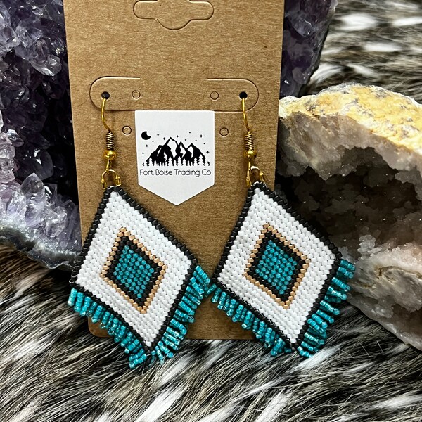 Teal and White Native American Style Seed Bead Earrings, High Quality Miyuki Glass Beads, Handmade/Hand Sewn Beaded Earrings