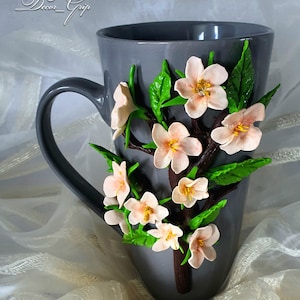 Handmade Polymer Clay Mug ,Personalised Polymer Clay Mug,Tall mug with Apple blossoms decor. image 1