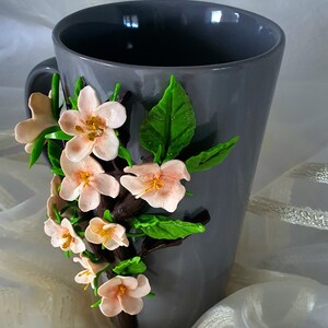 Handmade Polymer Clay Mug ,Personalised Polymer Clay Mug,Tall mug with Apple blossoms decor. image 2