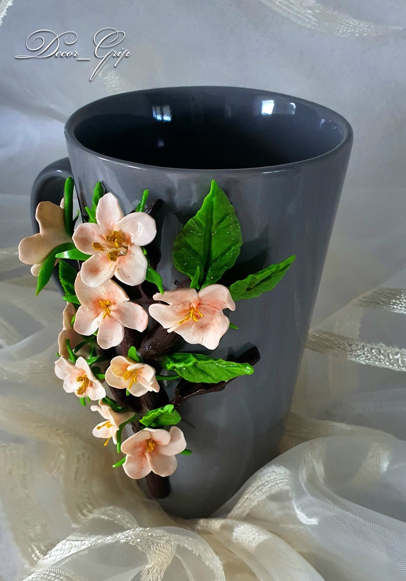 Handmade Polymer Clay Mug ,Personalised Polymer Clay Mug,Tall mug with Apple blossoms decor. image 2