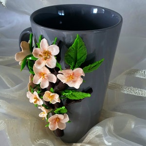 Handmade Polymer Clay Mug ,Personalised Polymer Clay Mug,Tall mug with Apple blossoms decor. image 3