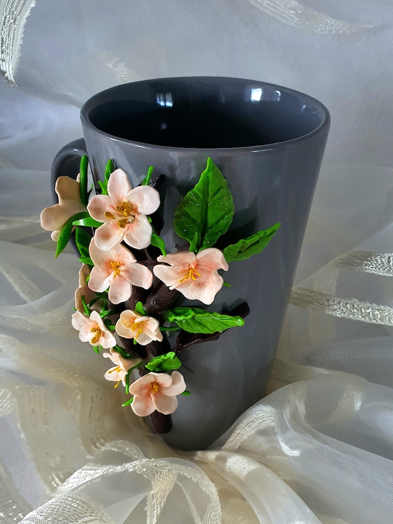 Handmade Polymer Clay Mug ,Personalised Polymer Clay Mug,Tall mug with Apple blossoms decor. image 3