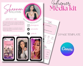 May include: A pink and white media kit template for an influencer. The template includes a photo of the influencer, a section about them, and a section about their social media accounts. The template also includes a section about brands they have worked with and a section about their pricing.