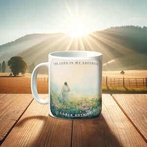 Psalms 23:1 Quote Christian Mug | Jesus in Meadow | The Lord is My Shepherd | Christian Inspirational Mug | Gift Mug | Pastel Color Design