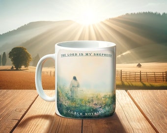 Psalms 23:1 Quote Christian Mug | Jesus in Meadow | The Lord is My Shepherd | Christian Inspirational Mug | Gift Mug | Pastel Color Design