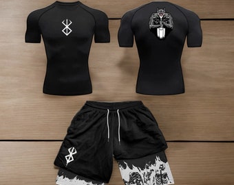 2024 Berserk Guts Anime-Inspired Men's 3D Printed Compression Set Short Sleeve Gym Top Quick Dry Workout Shorts