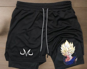 Anime Performance Shorts, Unisex, 2-in-1, schnell trocknende Mesh-Gym-Shorts für Männer und Frauen, ideal für Lauffitness, Sommer, schwarze Activewear