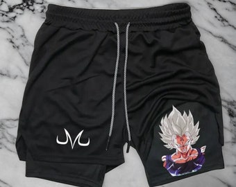 DBZ Anime-geïnspireerde 2-in-1 compressie hardloopshort voor heren: sportschool, fitnesstraining, sneldrogend, dubbeldeks ontwerp