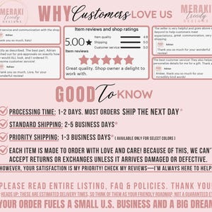 May include: A pink graphic with the text "WHY Customers LOVE US" and customer reviews. The graphic also includes information about processing and shipping times, and a note about supporting a small U.S. business.