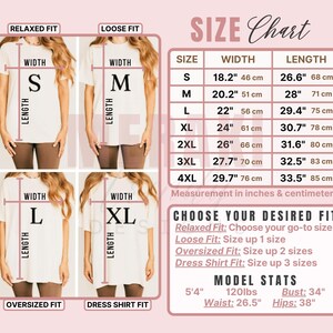 May include: A size chart for t-shirts, featuring measurements in inches and centimeters. The chart includes sizes S to 4XL, with width ranging from 18.2" (46 cm) to 29.7" (76 cm) and length from 26.6" (68 cm) to 33.5" (85 cm).