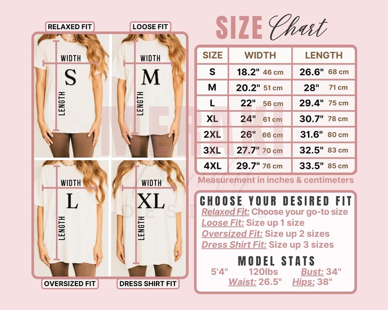 May include: A size chart for t-shirts, featuring measurements in inches and centimeters. The chart includes sizes S to 4XL, with width ranging from 18.2" (46 cm) to 29.7" (76 cm) and length from 26.6" (68 cm) to 33.5" (85 cm).