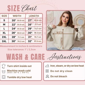 May include: A size chart for a sweatshirt, with measurements in inches and centimeters. The chart includes sizes S to 3XL, with width ranging from 20" to 30" and length from 27" to 32". Wash and care instructions are also provided.