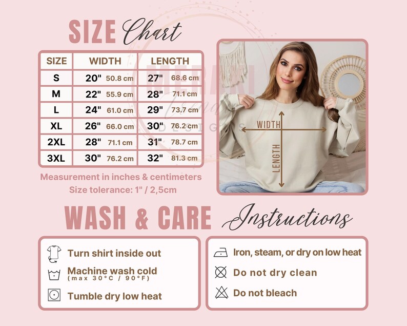 May include: A size chart for a sweatshirt, with measurements in inches and centimeters. The chart includes sizes S to 3XL, with width ranging from 20" to 30" and length from 27" to 32". Wash and care instructions are also provided.