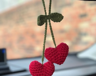 Crochet Cherry Heart Car Hanger | Handmade Rearview Mirror Charm | Cute Valentine Car Decor | Red Heart Crochet Accessory