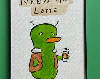 SPACE DUCK - Needs his Latte - framed original drawing 4x6"
