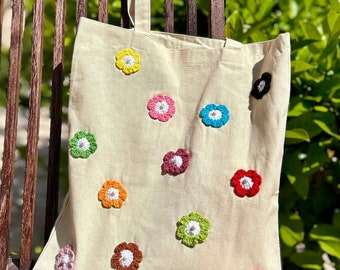 Flowers Crochet Tote Bag for Mother's Day Gift, Crochet Shopper Bag Gift Idea, Crochet Flower Patterned Beach Bag