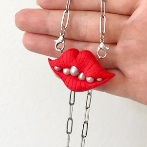 Handmade polymer clay Lips pendant with natural freshwater pearl