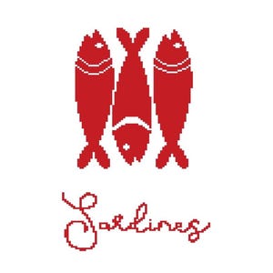 Pode incluir: Três peixes vermelhos estilizados em fila com a palavra "Sardinas" escrita em itálico abaixo.