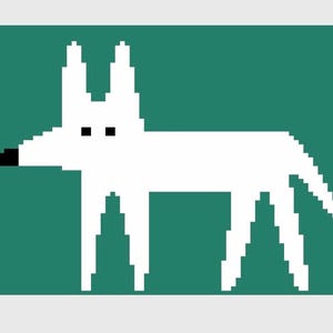 Könnte beinhalten: Pixelige Illustration eines weißen Hundes mit schwarzer Nase und Augen, vor einem türkisgrünen Hintergrund. Der Hund ist im Profil dargestellt, mit aufrechten Ohren und erhobenem Schwanz. Das Bild hat einen minimalistischen, grafischen Stil.