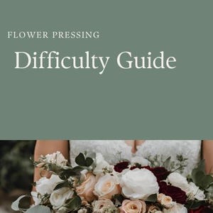 Pode incluir: Um buquê de rosas brancas, pêssego e bordô com folhagem verde. O texto "Flower Pressing Difficulty Guide" é exibido em branco sobre um fundo verde.