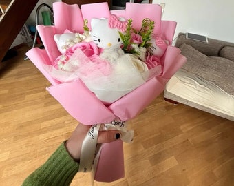 Bouquet Hello Kitty Sanrio rose, blanc, composition florale, fleurs artificielles de Kittys, cadeau d'anniversaire, cadeau de fête des mères, cadeau pour elle