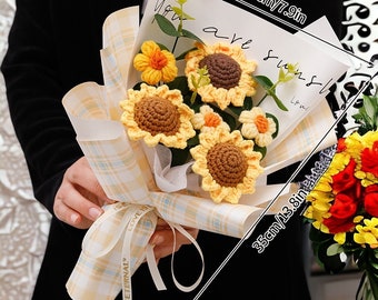 Bouquet de fleurs de tournesol au crochet et sac d'emballage, tournesol artificiel, cadeau de fête des mères, cadeau d'invité de mariage, bouquet fini, décoration de chambre