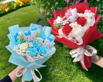 Hello Kitty Flower Bouquet, Sanrio Bouquet, Flowers Arrangement Kittys Artificial Flowers, Birthday Gift, Mother's Day Gift, Gift for Her