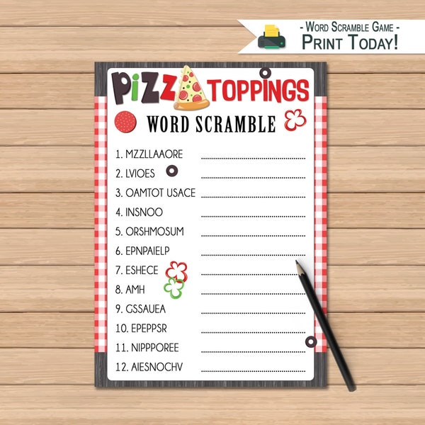 Pizza Toppings Word Scramble Game | Pizza Birthday Party | Pizza Party Game | Printable Kids Birthday Pizza Game | Pizza Night Restaurant