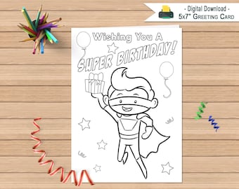 Happy Birthday Card | Printable Coloring Greeting Card | Kids Color Happy Birthday Card | Super Birthday Card | DIGITAL DOWNLOAD PDF