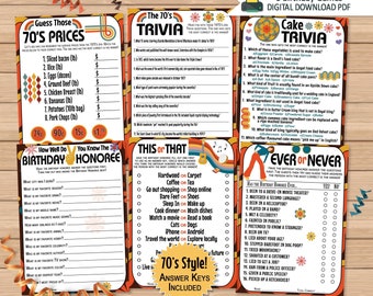 1970s Style Birthday Games Bundle | 70's Trivia, Ever or Never, This or That | 6 Printable Birthday Games | Disco Party Games Set