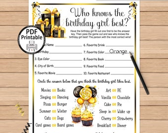 Who Knows The Birthday Girl Best | Birthday Questionnaire Activity | Yellow Black Printable Birthday Game | This or That | DIGITAL PDF