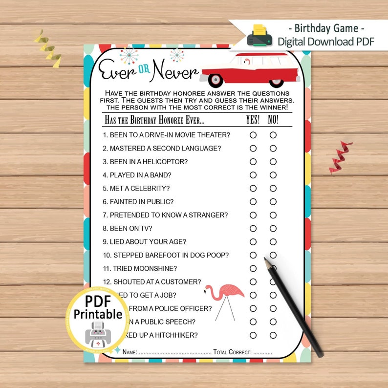 Adult Ever or Never Birthday Party Game Birthday Activity Printable Game 1950's Era Retro Birthday Party DIGITAL DOWNLOAD PDF image 1