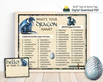 Quel est votre nom de dragon | Enseigne imprimable 8 x 10" et étiquettes de nom incluses | TÉLÉCHARGEMENT NUMÉRIQUE | Jeu de prénom Dragon et anniversaire de étiquettes de nom