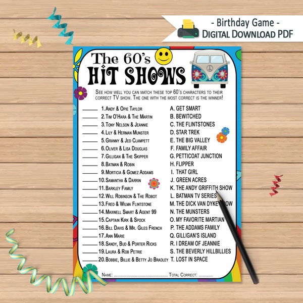 1960s Hit Shows Questions Game | Birthday Activity | 60s TV Quiz | Printable Birthday Game | 1960's Era Retro Party