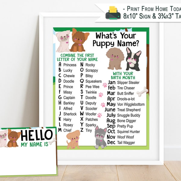 Whats Your Puppy Name Game | Display Sign 8x10 and Name Tags Included | Dog Celebration | Adopt a Dog Birthday Party Game | Printable