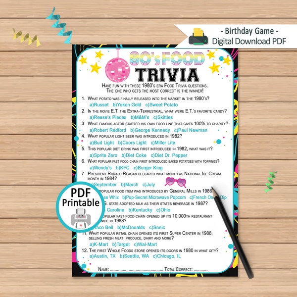 1980s Food Trivia Questions Game | Birthday Activity | 80s Food Trivia Quiz | Printable Birthday Game | 1980's Era Retro Party