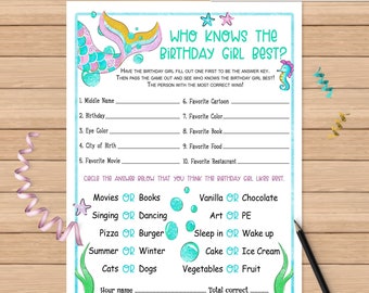 Printable Who Knows The Birthday Girl Best | Mermaids Birthday Questionnaire Activity | Digital PDF Birthday Game | This or That