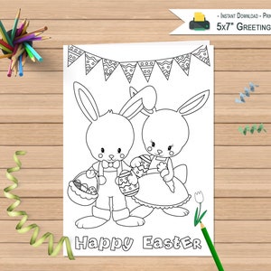 Printable Happy Easter Card Coloring Greeting Card Kids Color Happy Easter Bunny Card Greeting Card INSTANT DOWNLOAD image 1