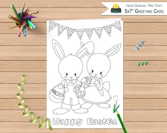 Printable Happy Easter Card | Coloring Greeting Card | Kids Color Happy Easter Bunny Card | Greeting Card | INSTANT DOWNLOAD