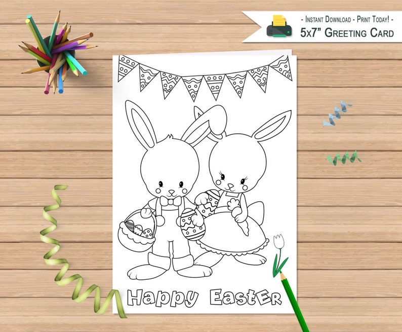 Printable Happy Easter Card Coloring Greeting Card Kids Color Happy Easter Bunny Card Greeting Card INSTANT DOWNLOAD image 1
