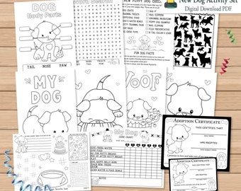 New Dog Activity Printable Set | Adoption Certificate | Black & White Puppy Coloring Pages | Kids Coloring Activity Set for Puppies