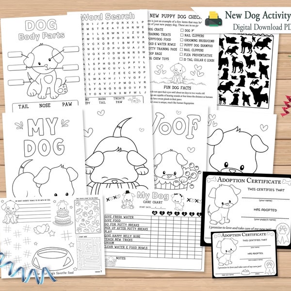 New Dog Activity Printable Set | Adoption Certificate | Black & White Puppy Coloring Pages | Kids Coloring Activity Set for Puppies