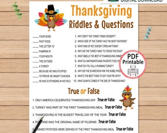 Thanksgiving - Jeu d'énigmes et de questions pour enfants | Jeu de Fête de Thanksgiving imprimable | Activité de Thanksgiving pour les enfants | Vrai ou faux