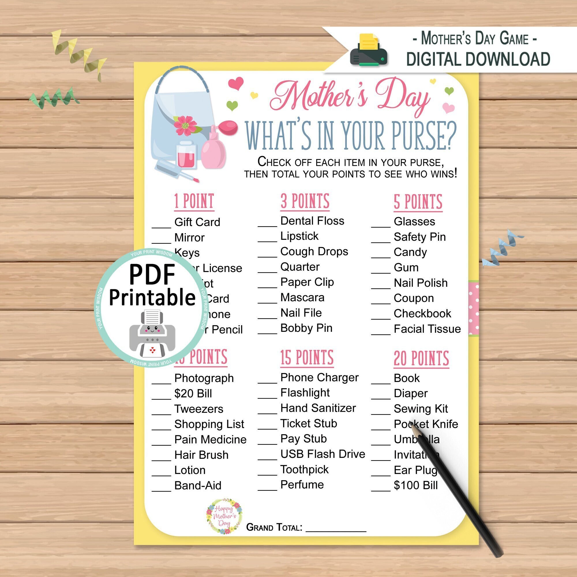 Mother's Day Game Mother's Day Whats in Your Purse Quiz Printable
