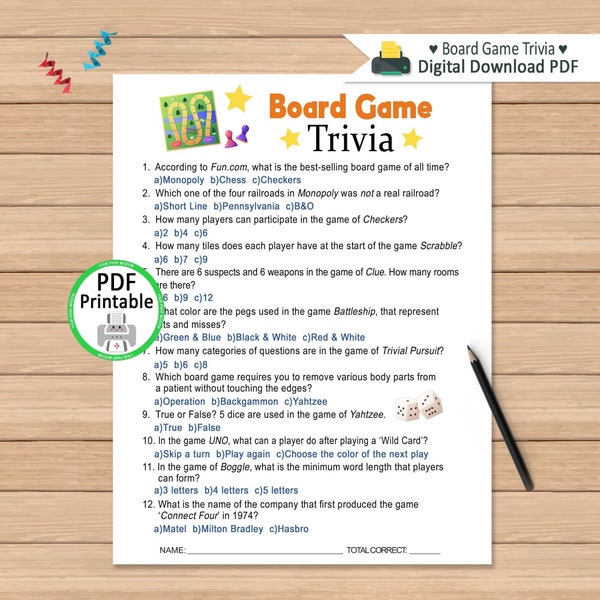 Board Game Trivia Quiz | Printable Party Game | Board Game Trivia Activity | Office Party |DIGITAL DOWNLOAD PDF