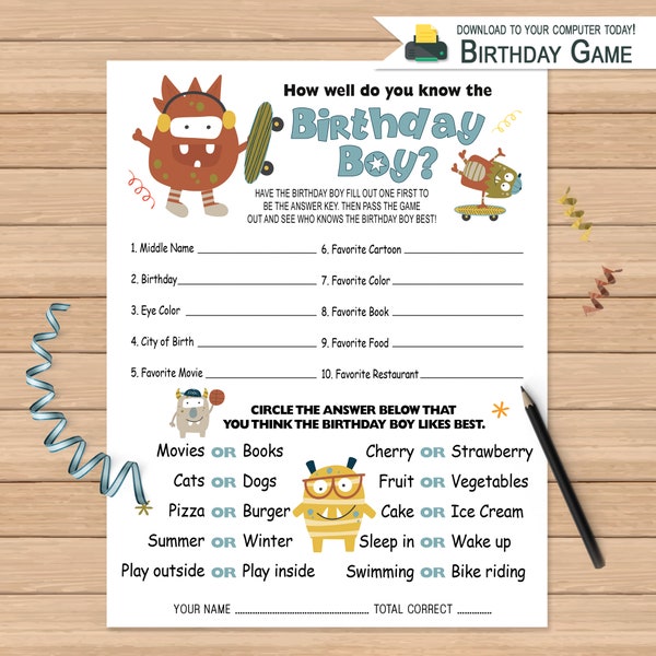 How Well Do You Know the Birthday Boy | Birthday Questionnaire Activity | Printable Birthday Game | This or That
