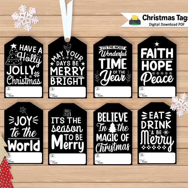 Mono Christmas Tags | Printable Gift Tag | Black and White Holiday Christmas Favor Tag | Present Tag | DIGITAL DOWNLOAD PDF